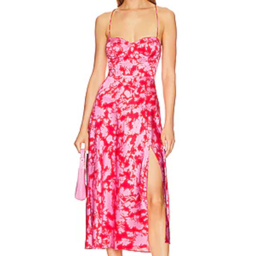 Floral Pink Midi Slip Dress with Side Slit